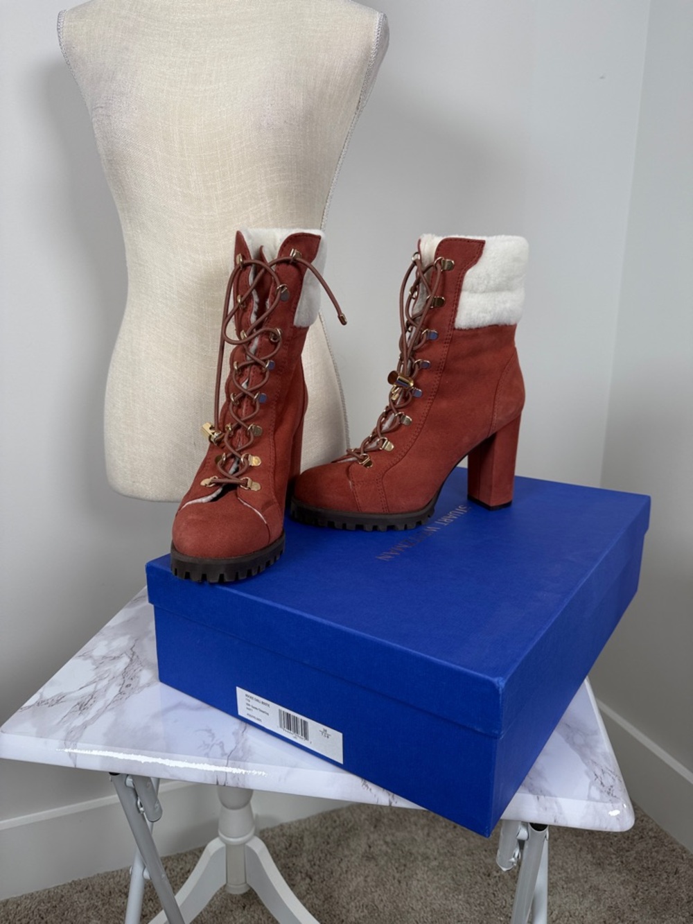 Stuart Weitzman Rust Suede Lace-Up Block Heel Boots with Faux Shearling Cuff